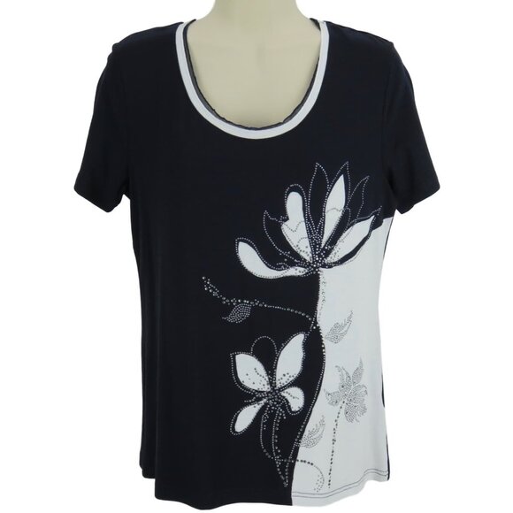 Variations Top Womens Size Small Blue White Studs Floral Short Sleeve Scoop - Picture 1 of 6